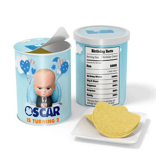 The Boss Baby small Pringles label in wrap-around design with character graphics on miniature can