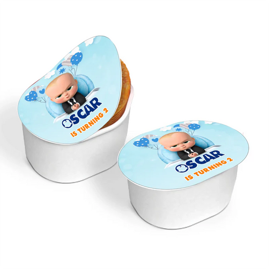 The Boss Baby mini Pringles label with blue border and text applied to small snack-size can on flat surface