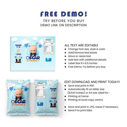The Boss Baby Chips Bag Label Custom Snack Wrapper