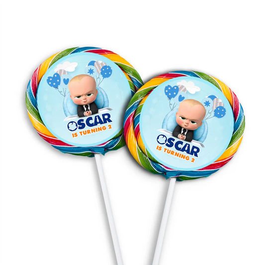 The Boss Baby lollipop label in circular shape attached to swirl lollipop stick with blue character graphic