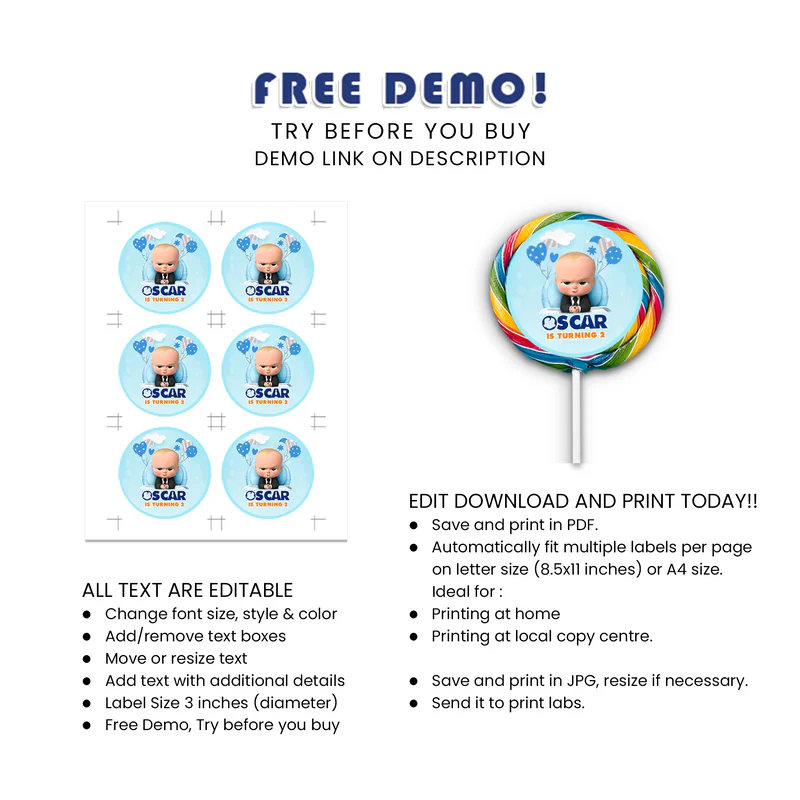 The Boss Baby Lollipop Label Personalized Party Sticker