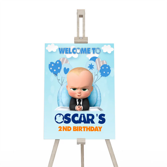 The Boss Baby welcome sign in vertical orientation with event text and character design placed at entry table