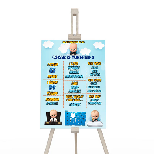 The Boss Baby milestone poster with name, age, stats and themed graphics shown upright on easel or wall