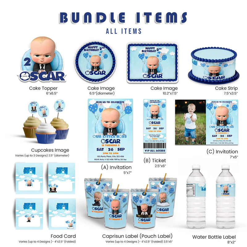 The Boss Baby party template pack bundle with matching designs on digital files flat lay on white background