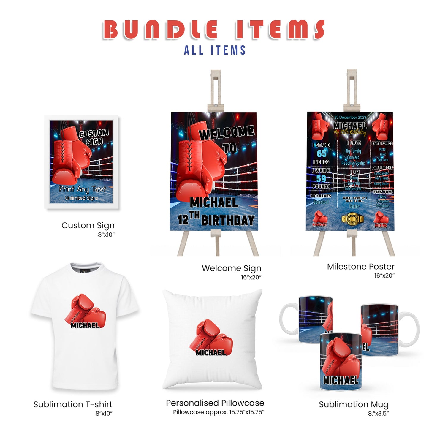 Boxing Personalized Digital Template Party Pack Bundle for Birthday Party Decorations