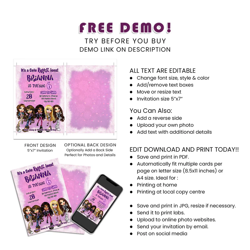 Bratz Personalized Birthday Card Invitations | Printable Invite | Custom Text