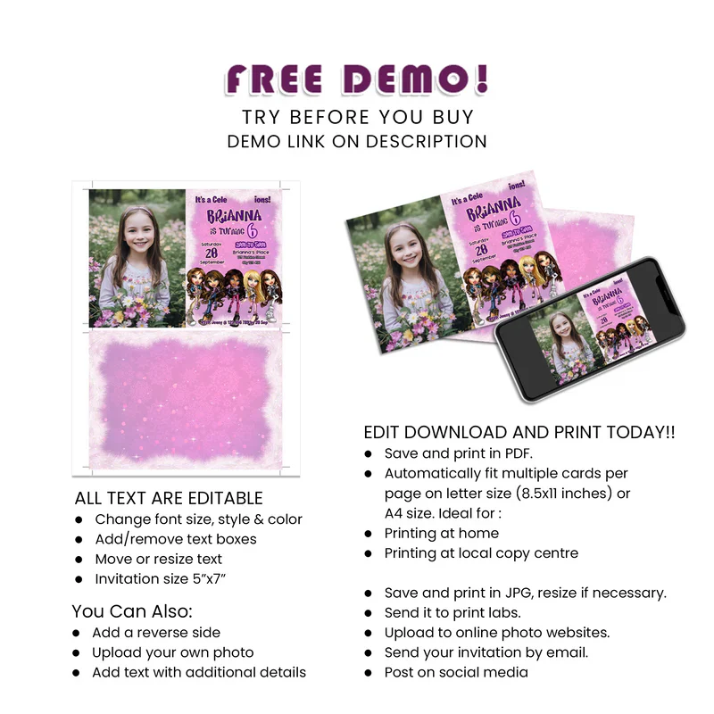 Bratz Personalized Photo Card Invitations | Custom Invite | Instant Download