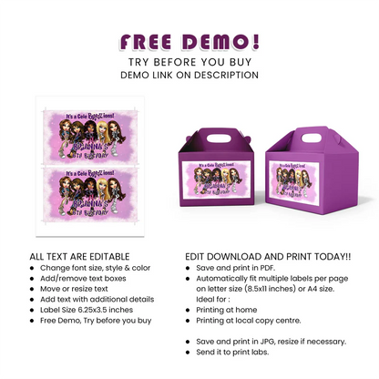 Bratz Treat Box Label | Printable Gable Box Wrap | Birthday Favor