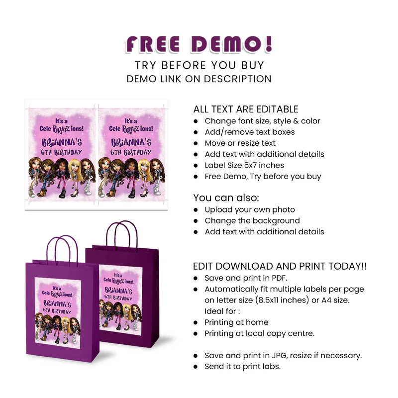 Bratz Goodie Bag Label | Printable Gift Bag Tags | Bratz Party