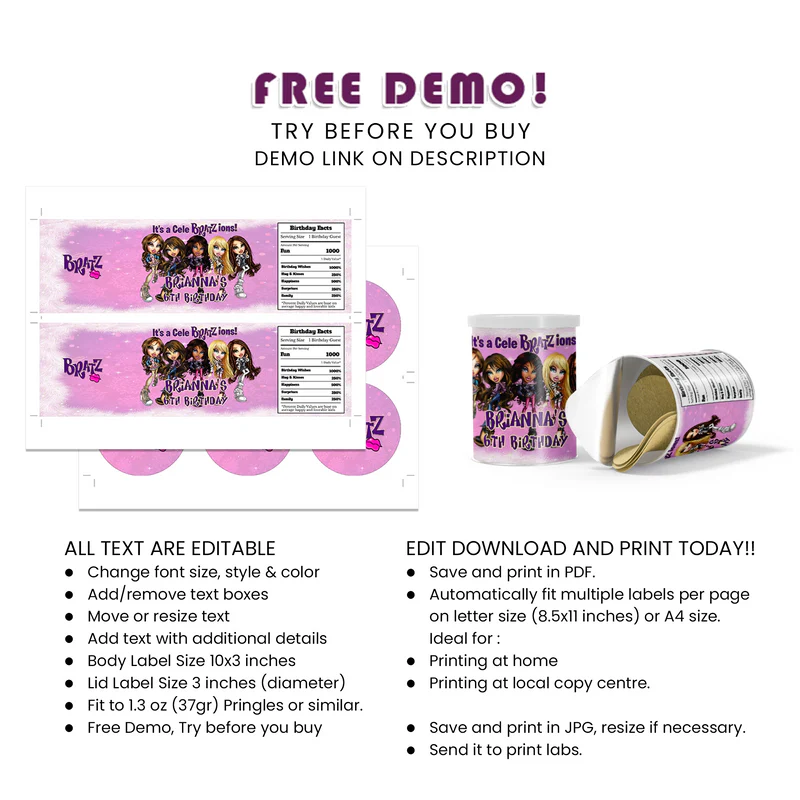Bratz Small Pringles Label | Printable Snack Wrapper | Editable Design
