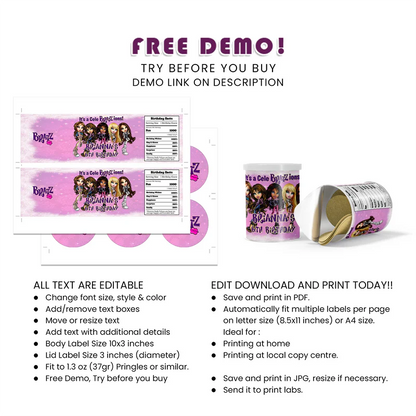 Bratz Small Pringles Label | Printable Snack Wrapper | Editable Design