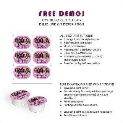 Bratz Mini Pringles Label | Custom Party Favor | Snack Wrap Template