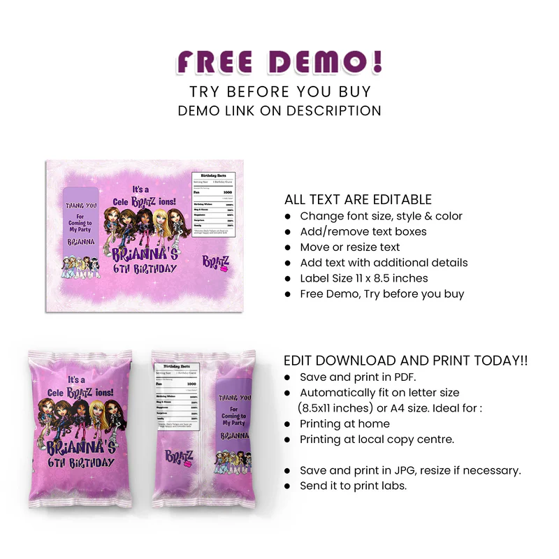 Bratz Chips Bag Label | Editable Chip Wrapper | DIY Party Favor