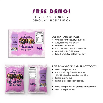 Bratz Chips Bag Label | Editable Chip Wrapper | DIY Party Favor