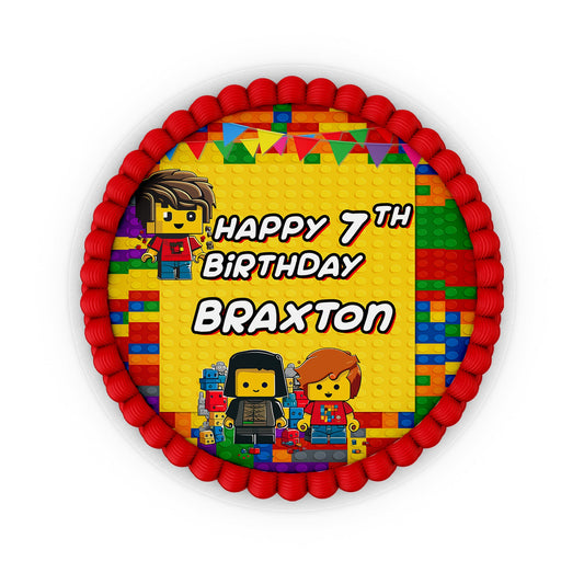 Round personalized cake images with a Lego theme