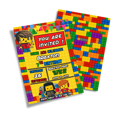 Personalized birthday card invitations with a Lego theme