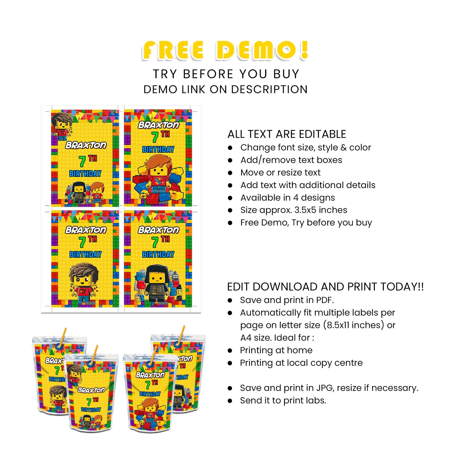 Caprisun Label/Juice Pouch Label with Lego Design - Refresh Your Party