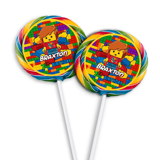 Lollipop label with a Lego theme