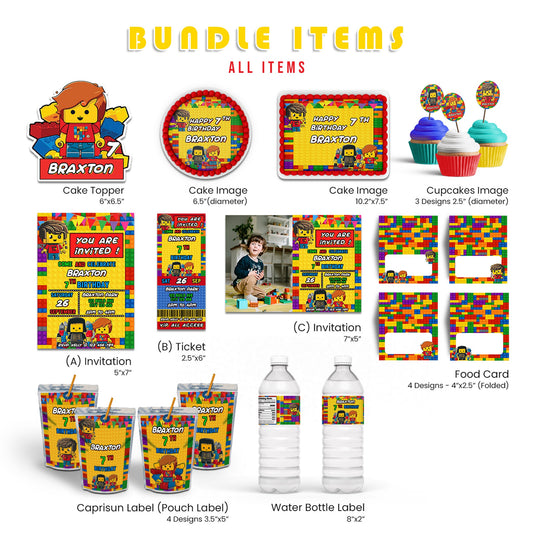 Lego Personalized Digital Template Party Pack featuring editable birthday decorations and party supplies