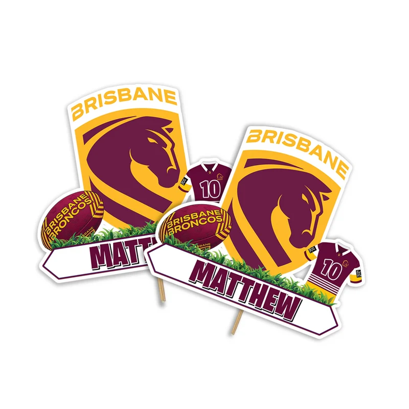 Brisbane Broncos personalized cake toppers featuring athletic team logo graphics on a modern dessert table display