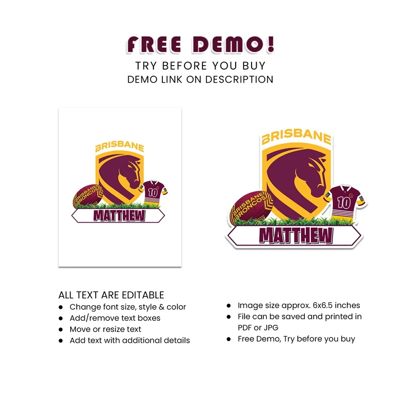 Brisbane Broncos Personalized Cake Toppers Printable Digital Download
