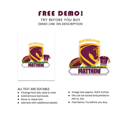 Brisbane Broncos Personalized Cake Toppers Printable Digital Download