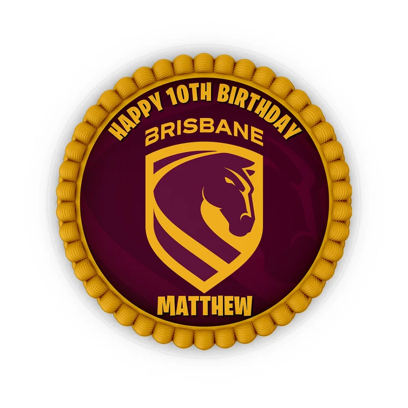 Brisbane Broncos edible icing cake images with vibrant sports team logos placed on a frosted round cake