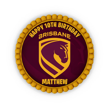 Brisbane Broncos edible icing cake images with vibrant sports team logos placed on a frosted round cake