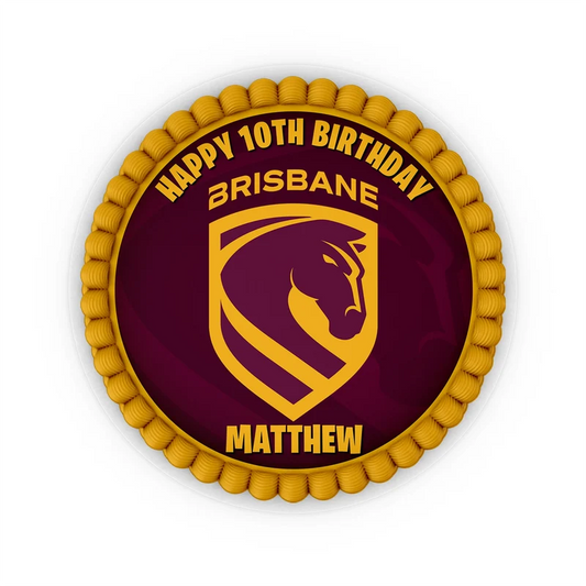 Brisbane Broncos edible icing cake images with vibrant sports team logos placed on a frosted round cake