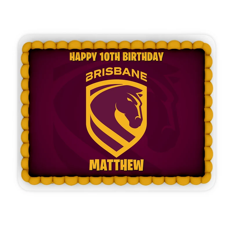 Brisbane Broncos custom sheet cake images showing a maroon and gold birthday layout on a large rectangle cake