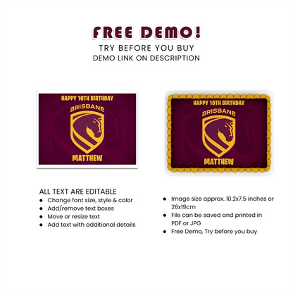 Brisbane Broncos Personalized Icing Sheet Cake Topper Images Digital Download