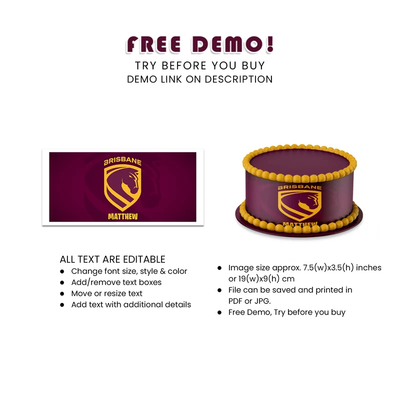 Brisbane Broncos Personalized Cake Strips Image Printable Digital Download