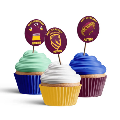 Brisbane Broncos personalized cupcake toppers arranged neatly on frosted treats against a neutral backdrop