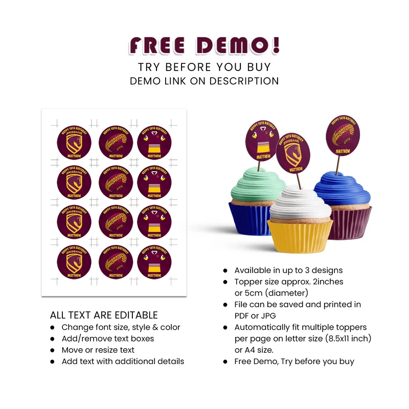 Brisbane Broncos Personalized Cupcakes Toppers Digital Download