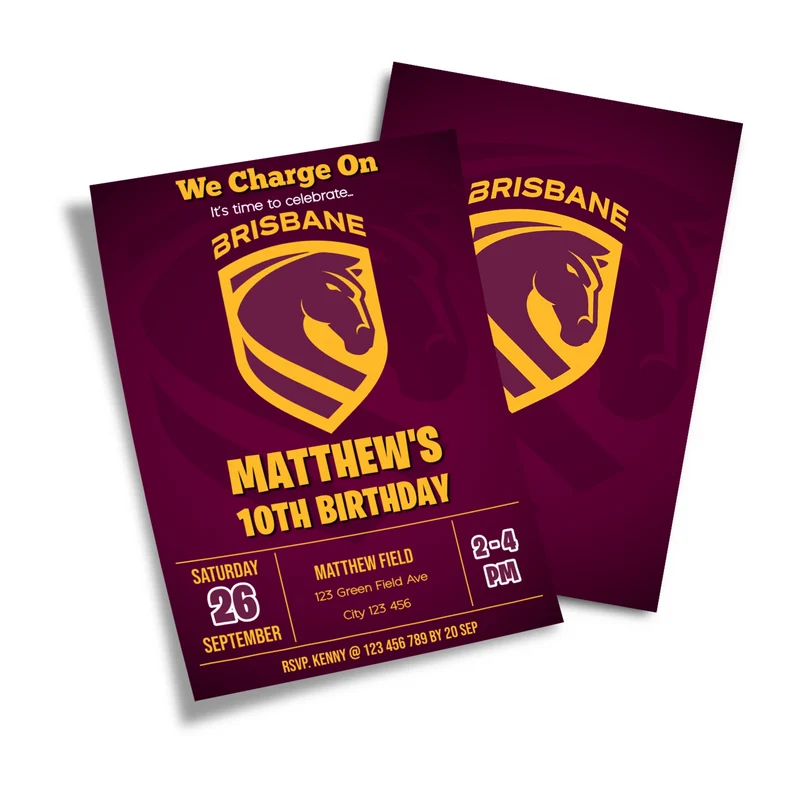 Brisbane Broncos birthday card invitations displaying a bright maroon and gold template layout on a minimal background