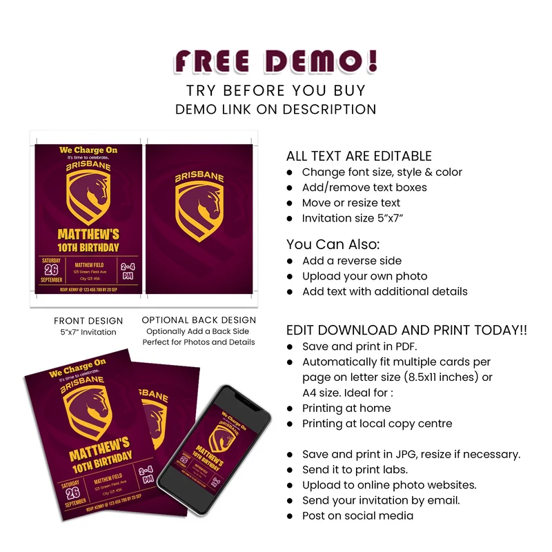 Brisbane Broncos Personalized Birthday Card Invitations Printable Digital Download