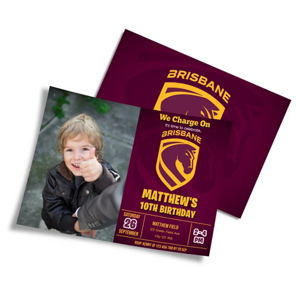 Brisbane Broncos photo card invitations featuring a custom picture frame layout on a clean studio background