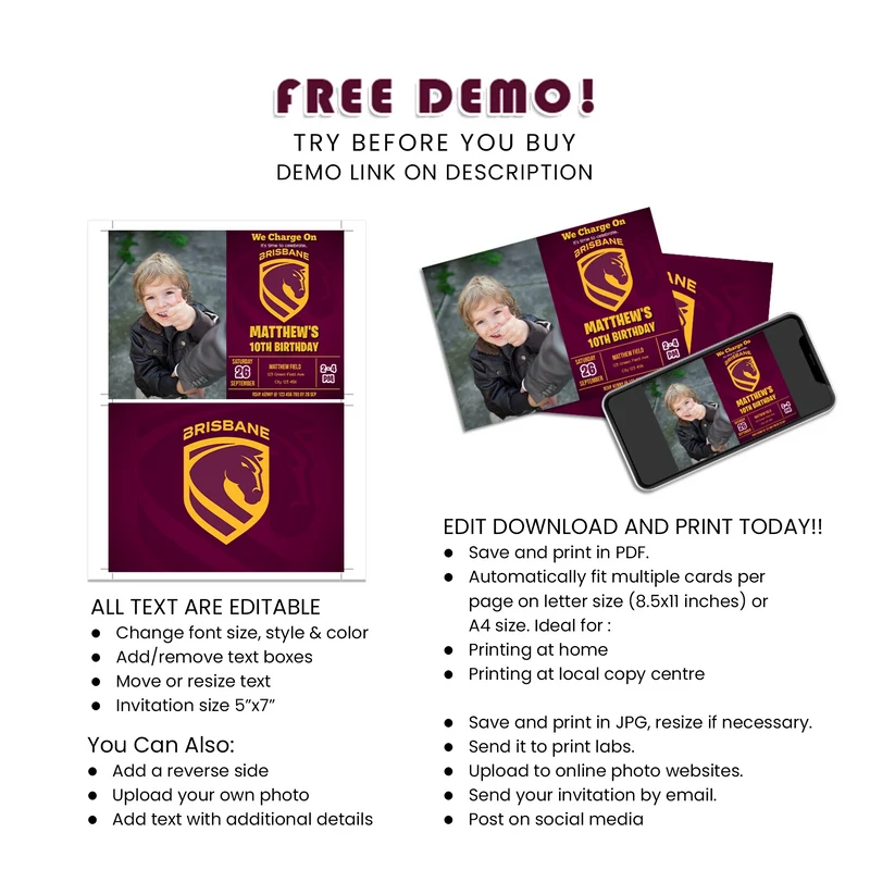 Brisbane Broncos Personalized Photo Card Invitations Printable Digital Download