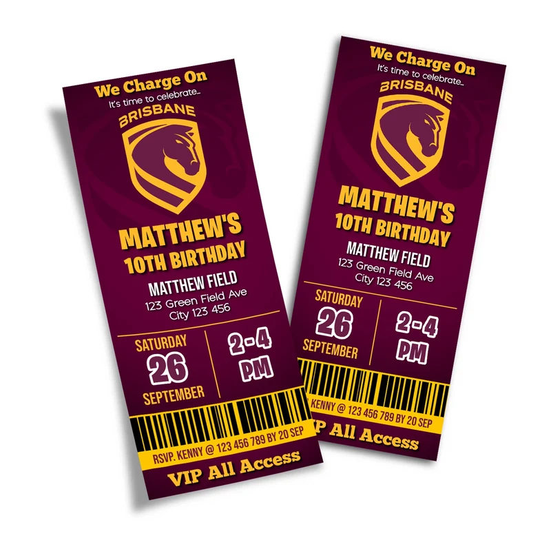 Brisbane Broncos birthday ticket invitations showing a sports event pass style layout with bold typography