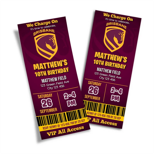 Brisbane Broncos birthday ticket invitations showing a sports event pass style layout with bold typography