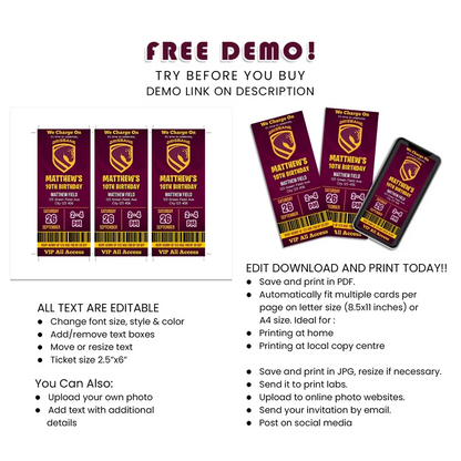 Brisbane Broncos Personalized Birthday Ticket Invitations Digital Download