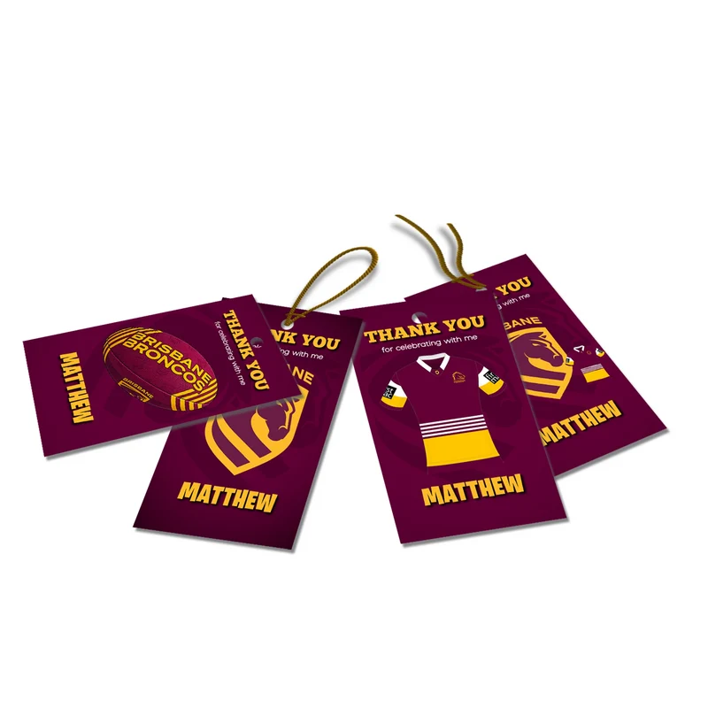 Brisbane Broncos thank you tags with gold text accents displayed on a neatly wrapped party favor box