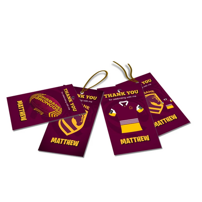 Brisbane Broncos thank you tags with gold text accents displayed on a neatly wrapped party favor box