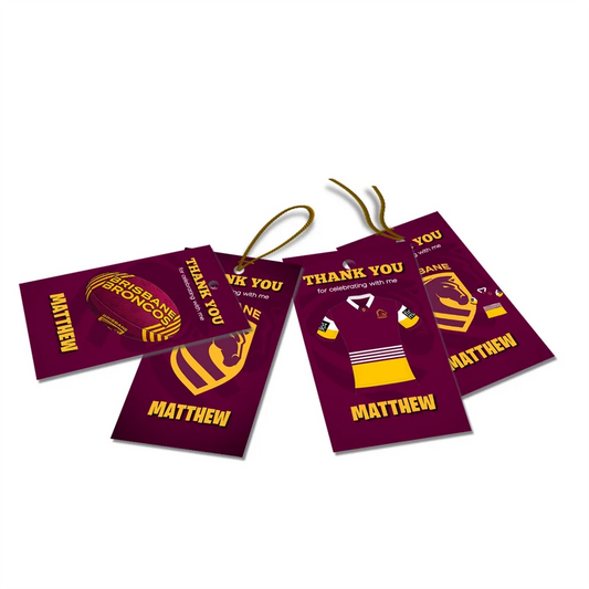 Brisbane Broncos thank you tags with gold text accents displayed on a neatly wrapped party favor box