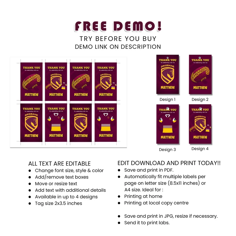 Brisbane Broncos Favor Tags Printable Digital Download