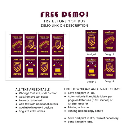 Brisbane Broncos Favor Tags Printable Digital Download