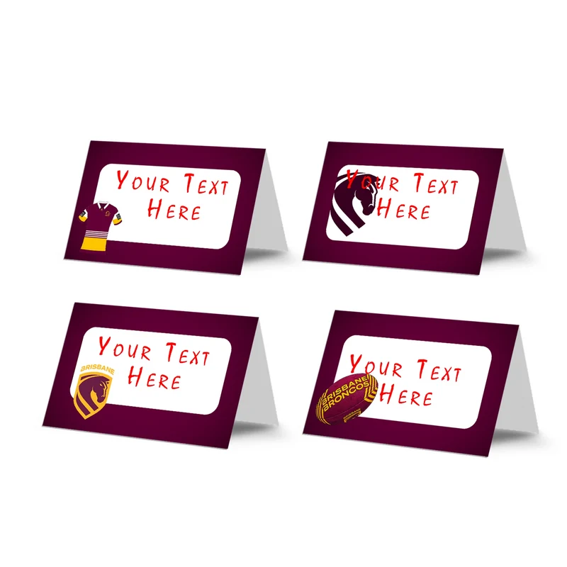 Brisbane Broncos food cards showing a collection of team colored buffet labels arranged on a decorated treat table