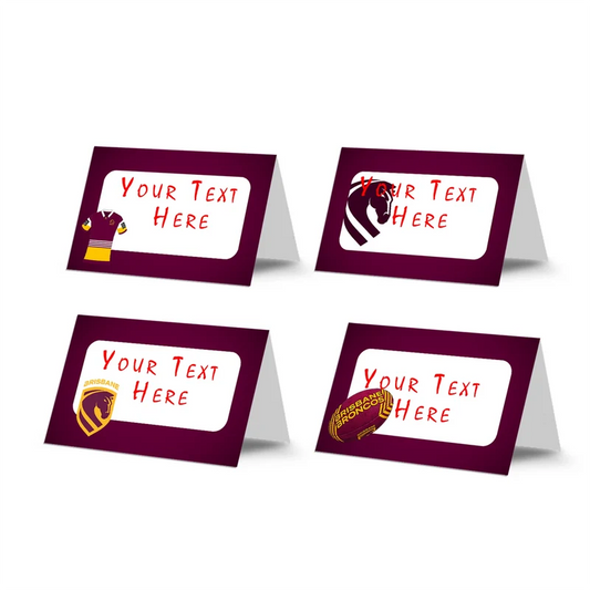 Brisbane Broncos food cards showing a collection of team colored buffet labels arranged on a decorated treat table