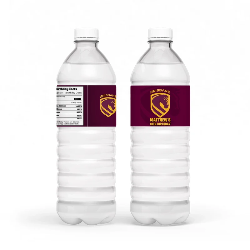 Brisbane Broncos water bottle label wrap showing a sports party theme layout on a clear plastic bottle