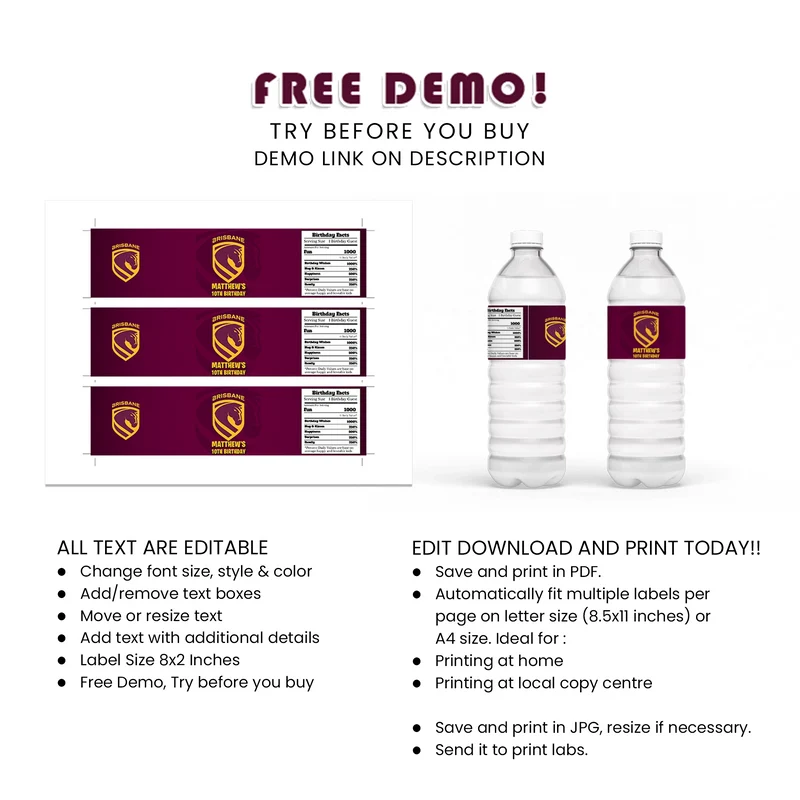 Brisbane Broncos Water Bottle Label Printable Digital Download